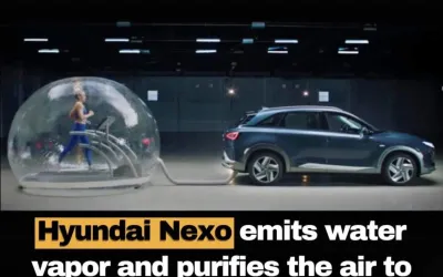 Hyundai Nexo emite vapori de apă și purifică aerul în proporție de 99,9%, astfel încât gazele emise de vehicul sunt mai pure decât aerul ambiental.