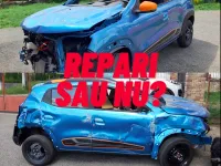 Dupa un accident cu Dacia Spring, un conducator auto oscileaza daca sa mai repare sau nu masina