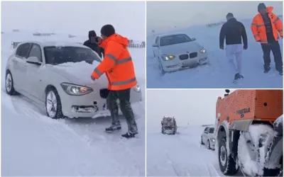 VIDEO. Sofer cu BMW blocat pe TransAlpina. Certat de drumari: „Ne-am pus viața în pericol să te scoatem de aici”